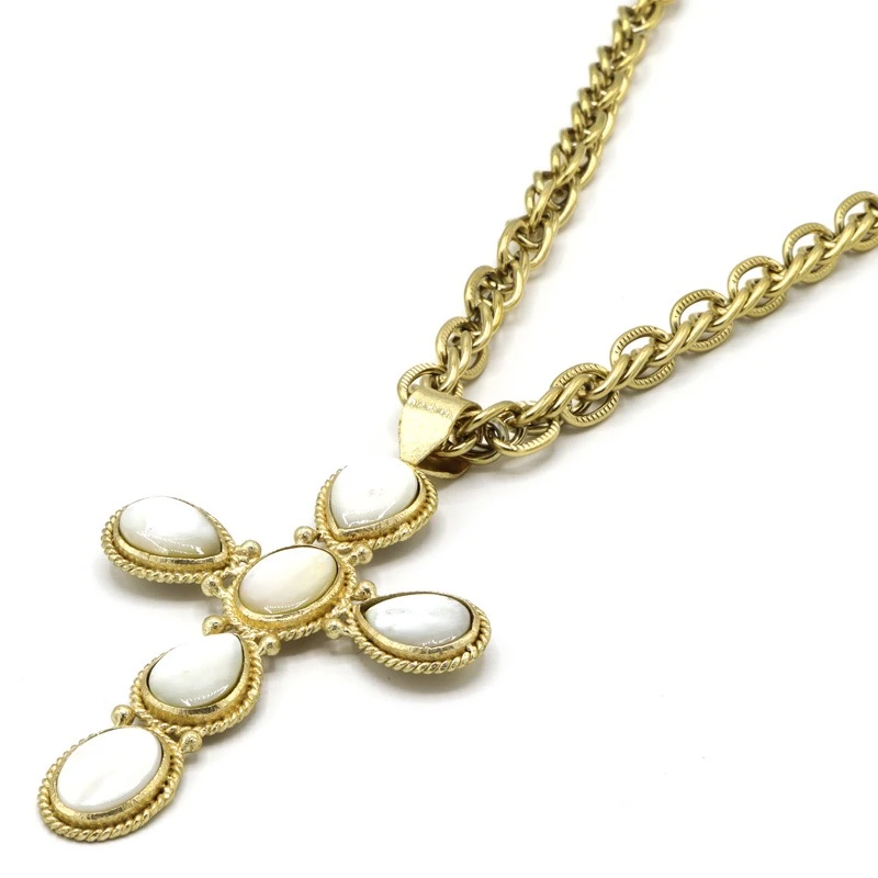Collier croix XL Faith - Doré Or Pierre Nacre Blanche - Niiki Paris